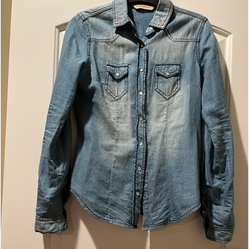 Highway Jeans Denim Roll Up Sleeve Fitted Shirt XS